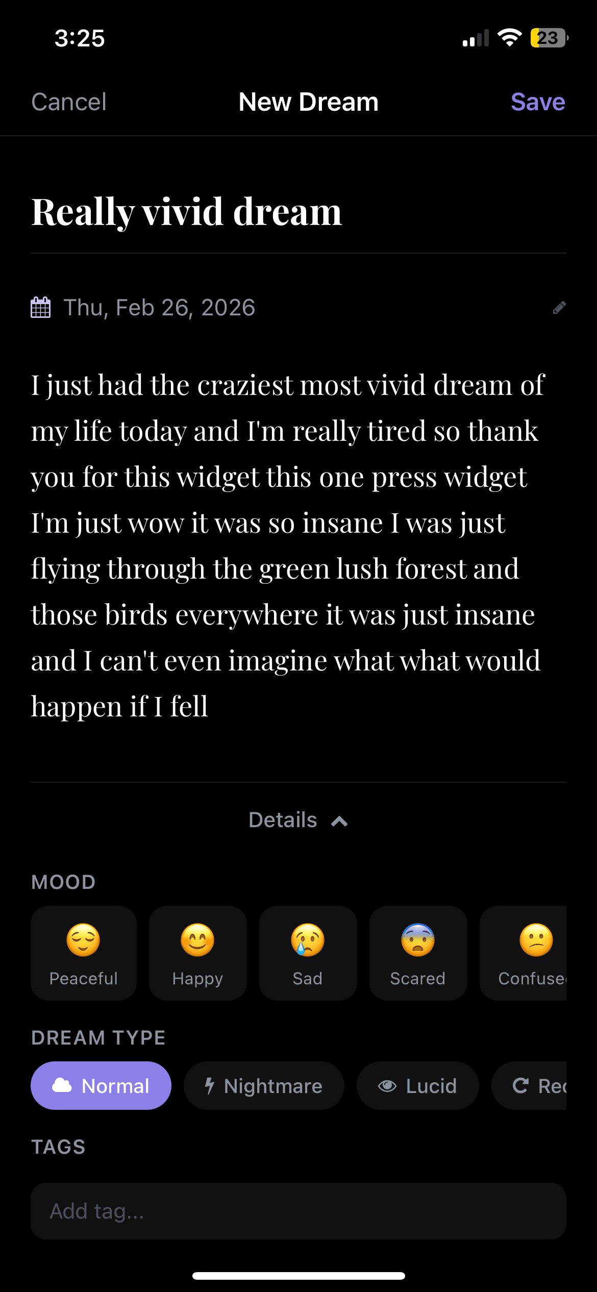 DreamScribe saving a dream entry