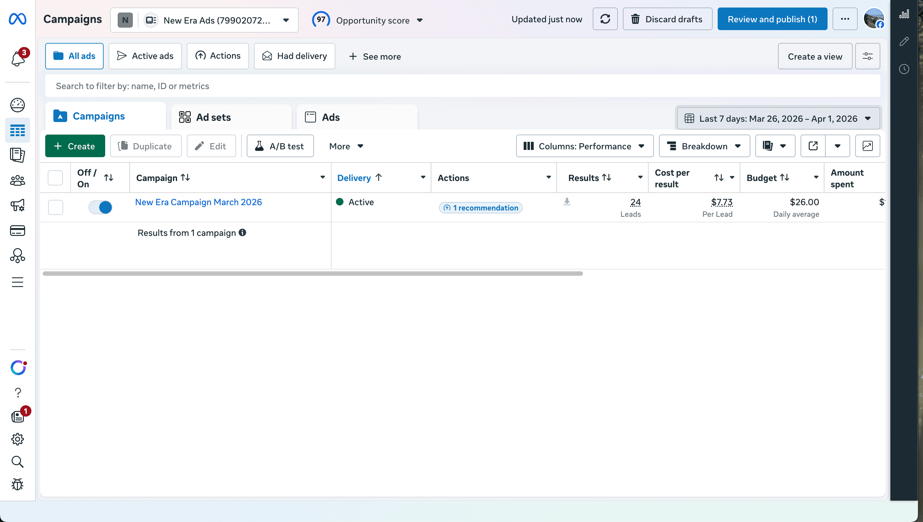 Meta ad-account screenshot — alternate view