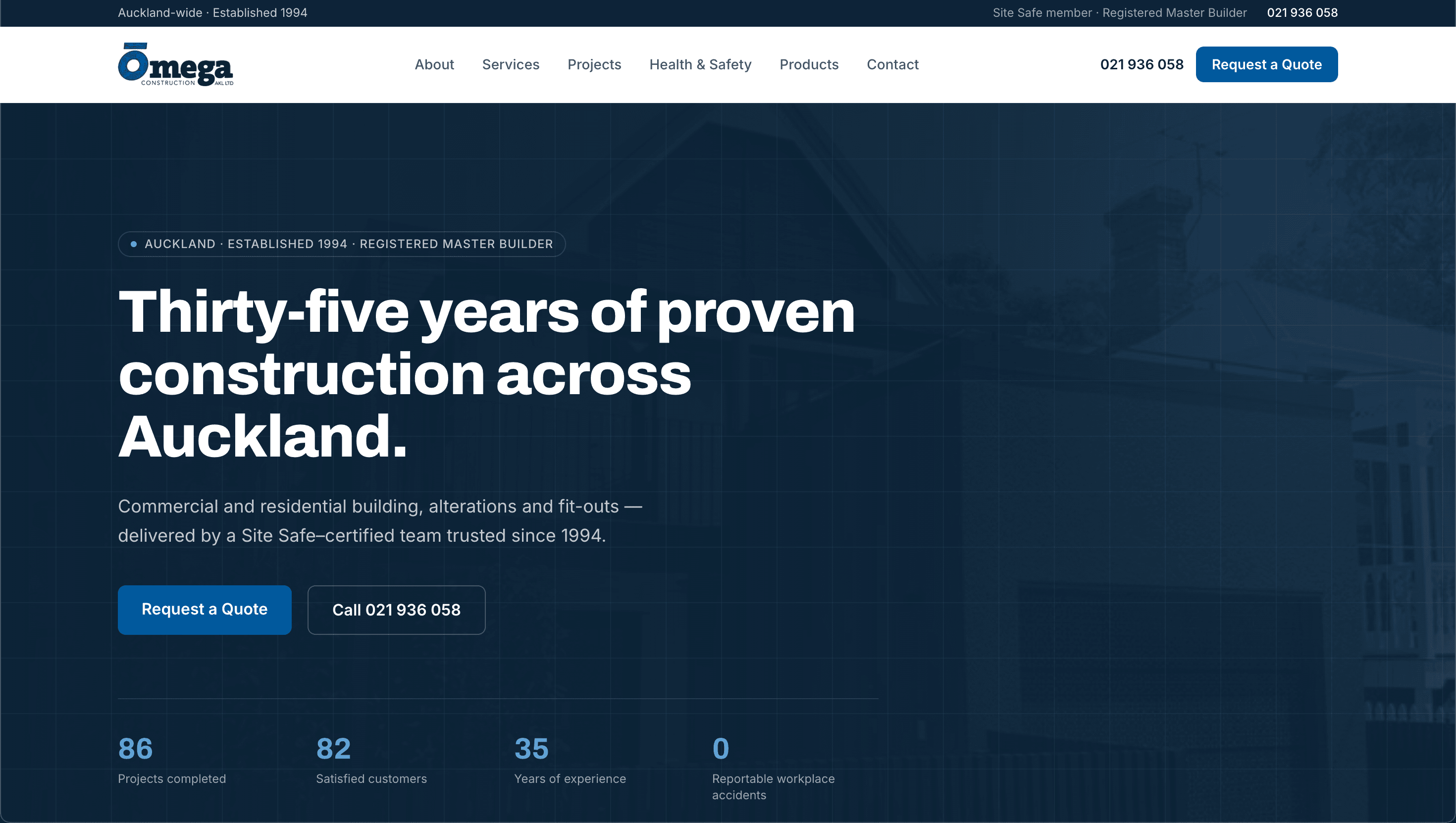 Omega Construction Auckland commercial and residential builder website home page