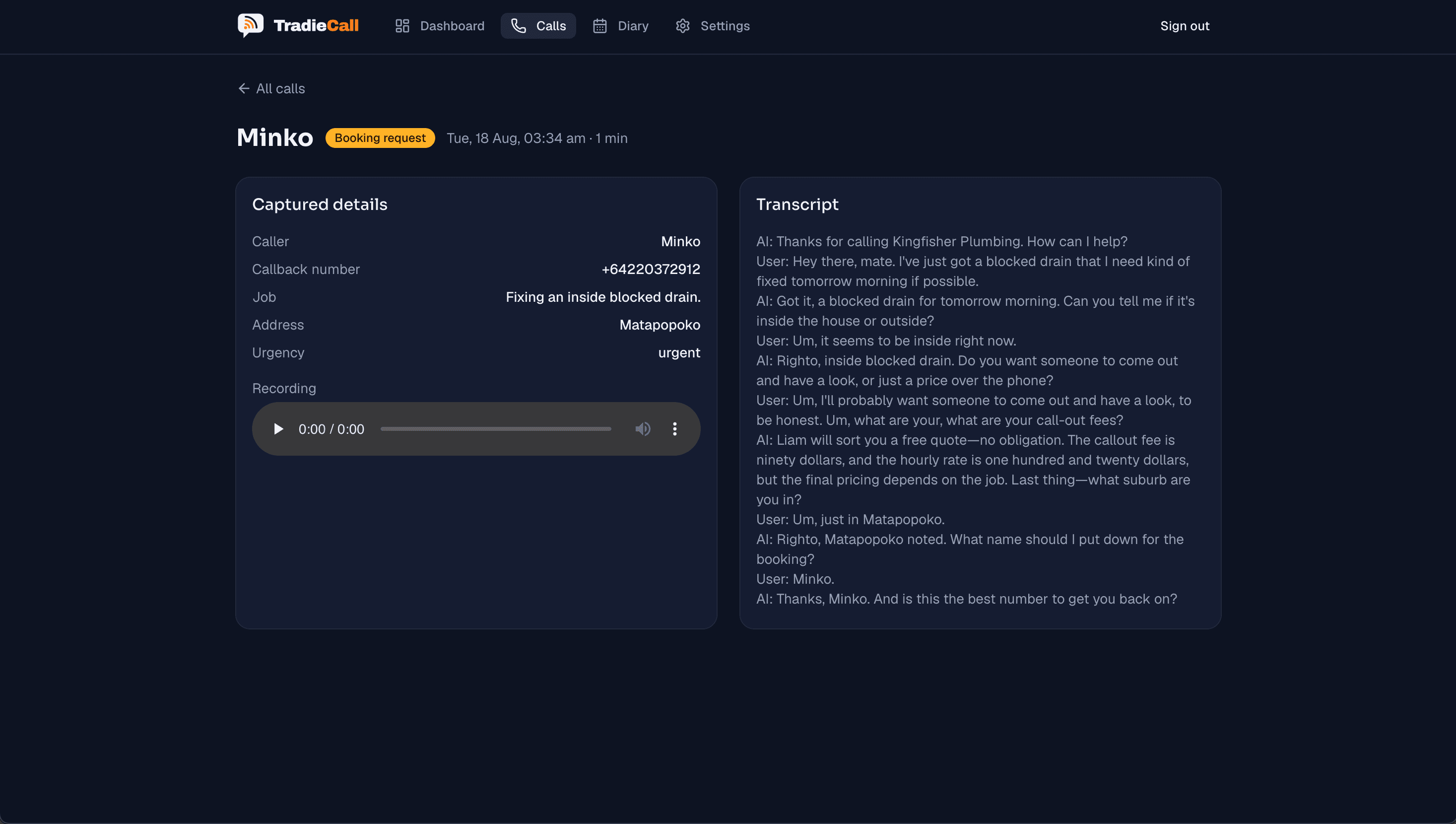 Example TradieCall AI call transcript capturing a job
