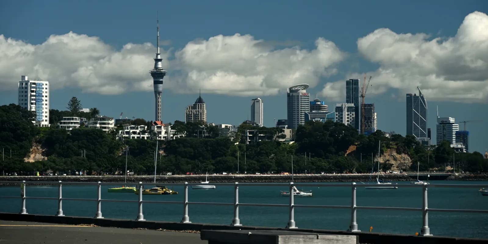Auckland's skyline and Sky Tower viewed across the water from Mission Bay
