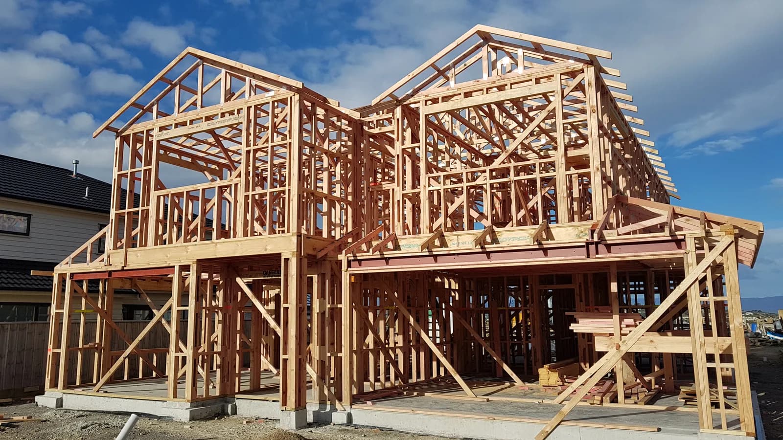 Timber frame house under construction in New Zealand