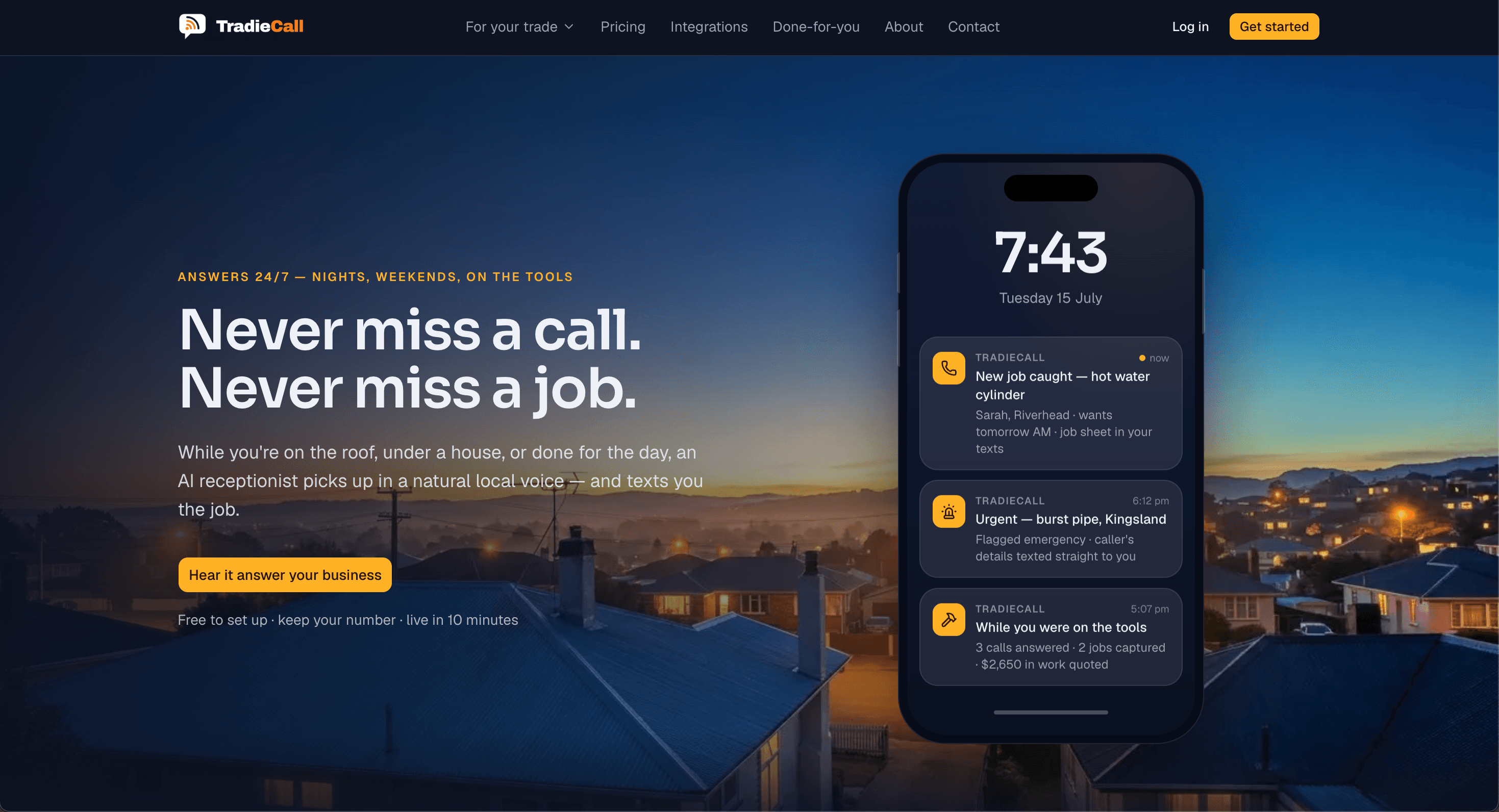 TradieCall AI receptionist landing page on desktop